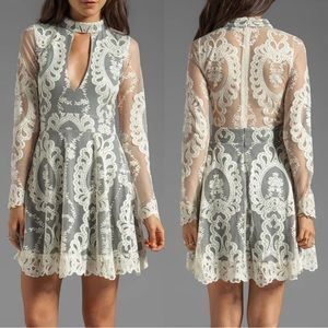 For Love & Lemons Anna Lace Mini Dress Ivory Gray Keyhole Cut Out Sheer